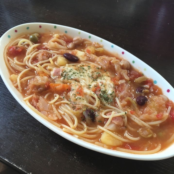 リメイク!余ったミネストローネでスープパスタ